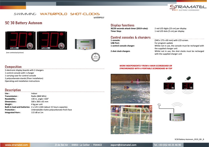 Waterpolo shot clocks - BATTERY - indoor pool - digits 23cm
